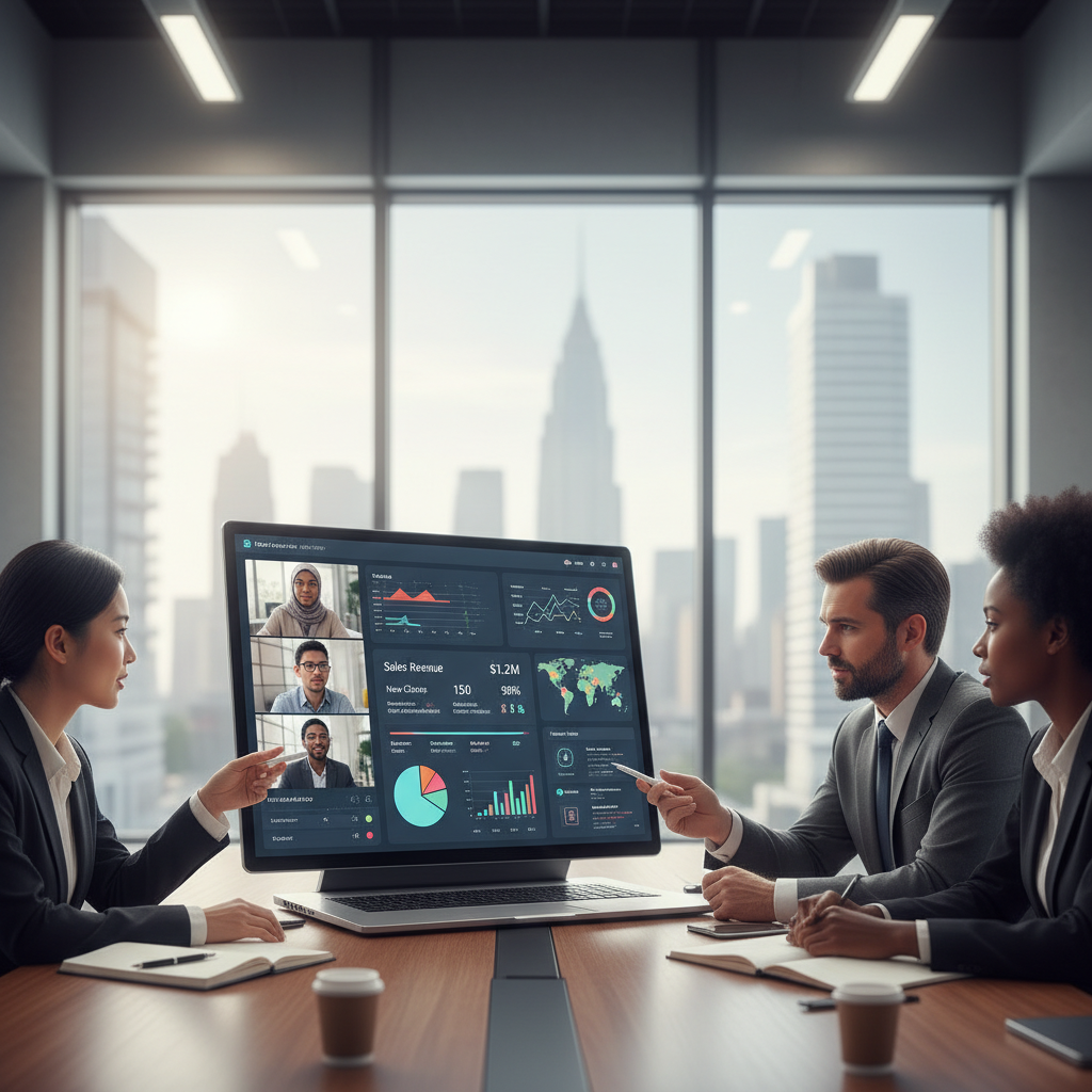 A diverse group of business professionals from different global locations collaborating virtually on a laptop screen, showing a CRM dashboard with various metrics and client data. The setting is modern and professional, with a focus on seamless digital interaction. Photorealistic and high quality.