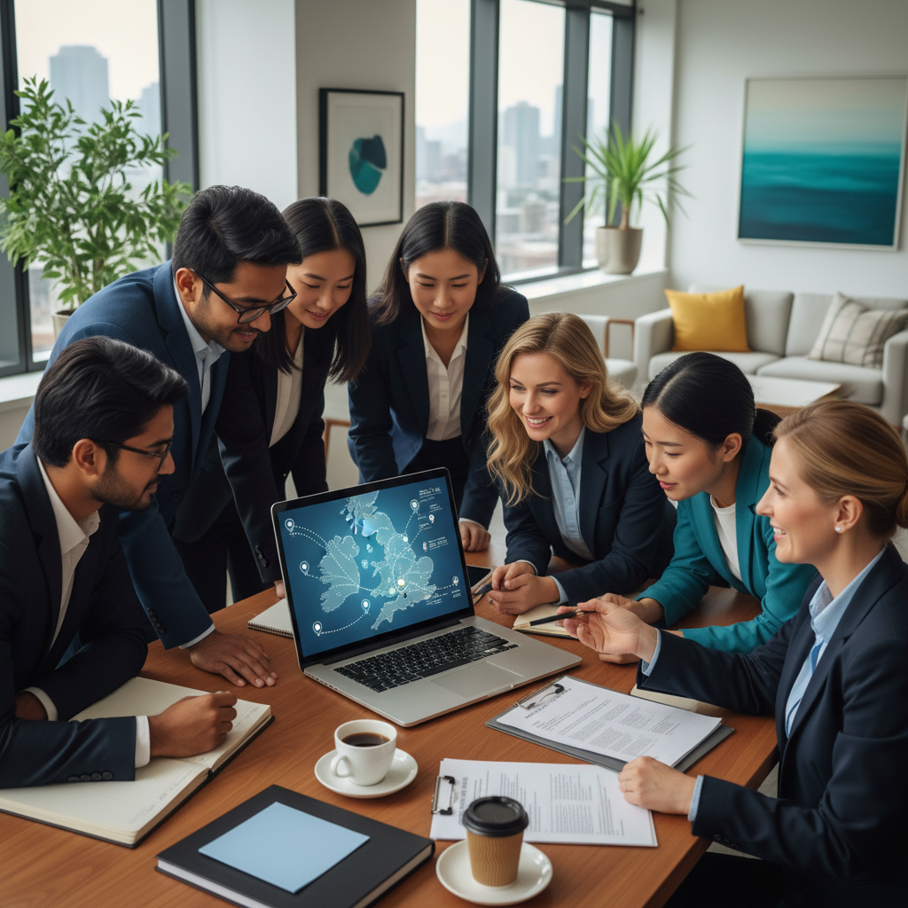 A diverse group of expats looking at a laptop with a UK map on screen, discussing immigration documents with a friendly, professional lawyer in a modern office setting. The mood is hopeful and collaborative, with natural lighting.