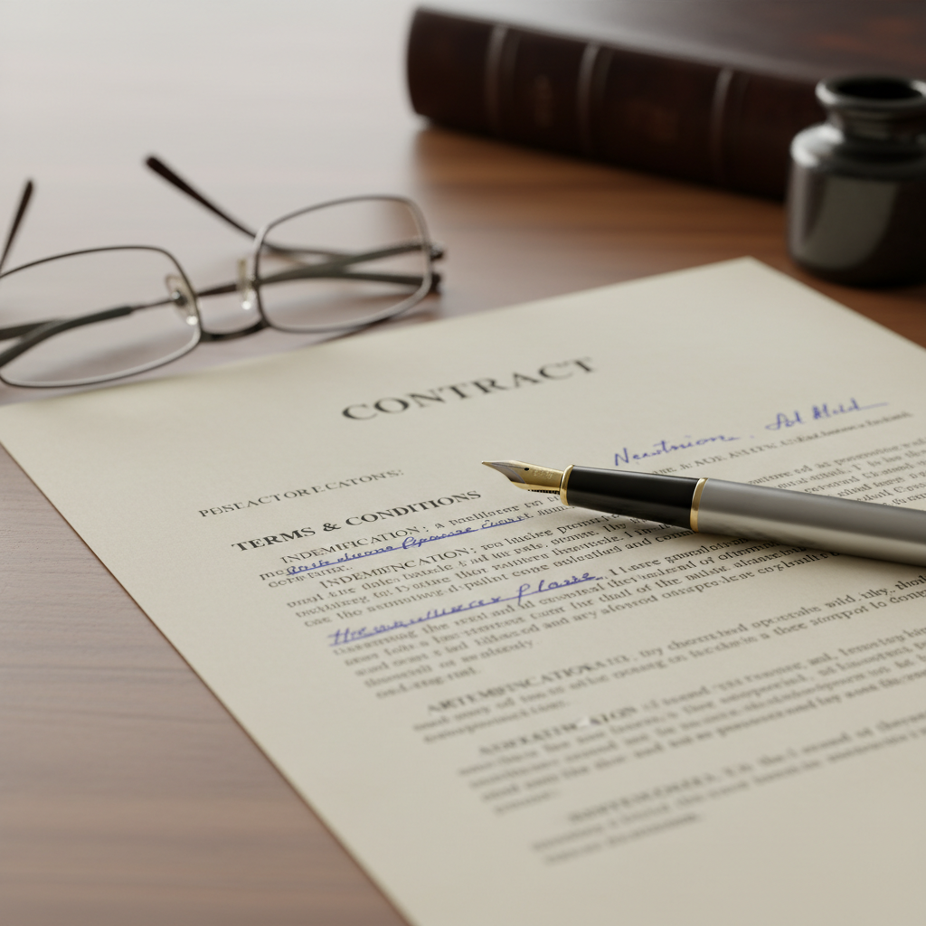 A close-up shot of a legal contract being reviewed, with a fountain pen resting on it and a pair of reading glasses nearby. The focus is on the details of the document, implying careful scrutiny and legal precision.