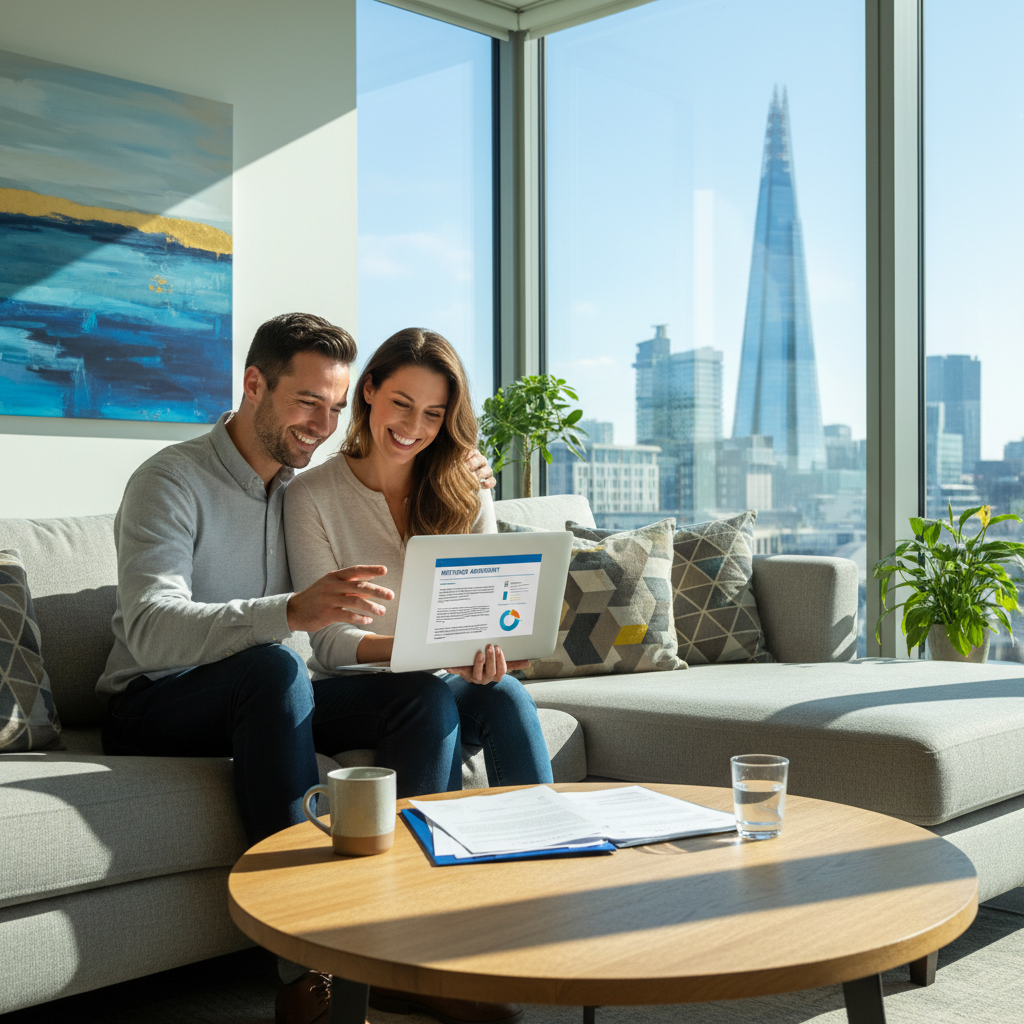 A professional expat couple happily reviewing mortgage documents on a laptop in a modern, stylish living room with a UK cityscape visible through a large window. The atmosphere is optimistic and bright.