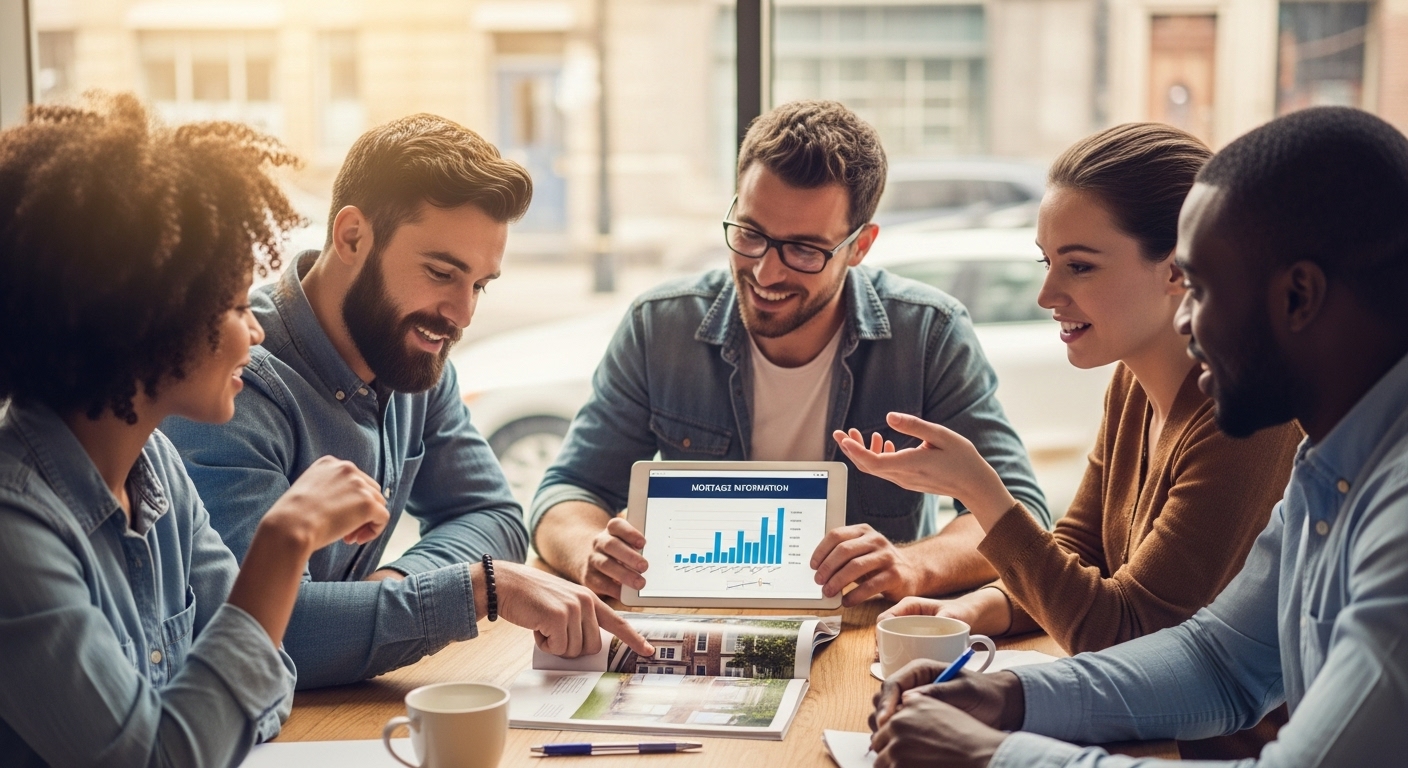 A diverse group of people from different backgrounds (expats) gathered around a table, actively discussing and smiling while looking at a UK property brochure and a tablet displaying mortgage information. The scene is collaborative and informative.