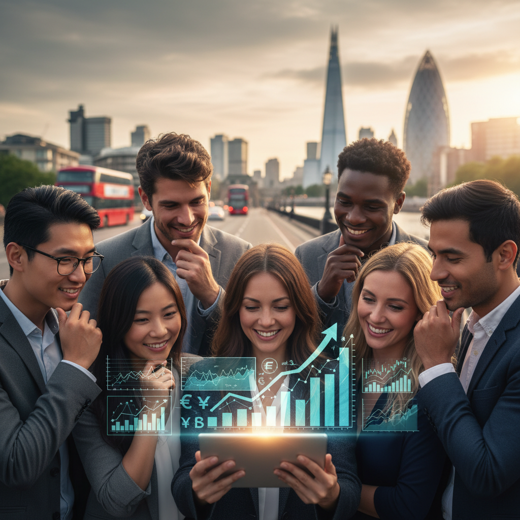 A diverse group of smiling expats looking thoughtfully at a digital tablet displaying financial graphs, with iconic London landmarks subtly blurred in the background, representing complex financial planning and international life.