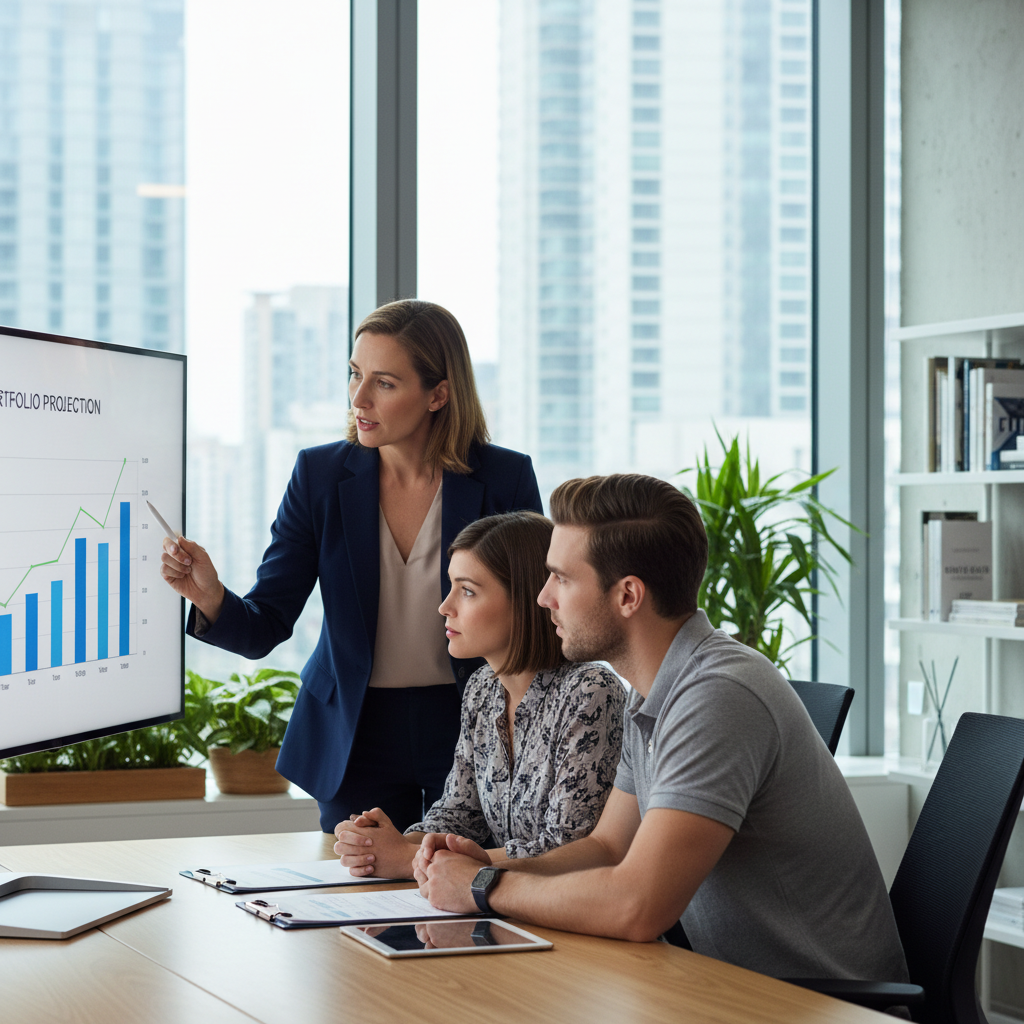 A professional financial advisor, a woman in her late 30s, confidently explaining complex financial documents to a young expat couple in a modern, light-filled office, pointing to a chart on a large digital screen displaying investment growth.