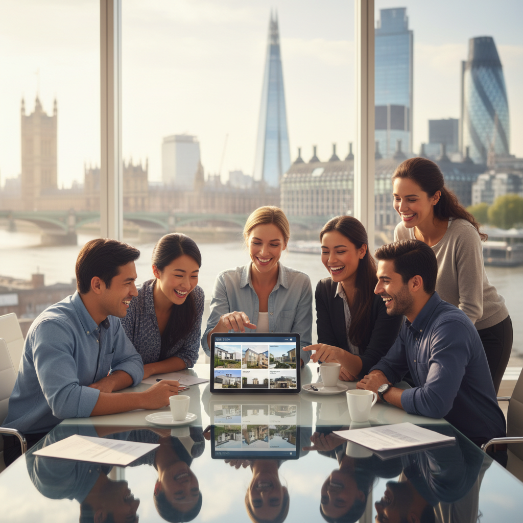 A diverse group of smiling expats reviewing property listings on a tablet, with famous London landmarks like Big Ben and the Shard subtly visible in the blurred background. The setting is modern and bright, conveying a sense of opportunity and global connection.