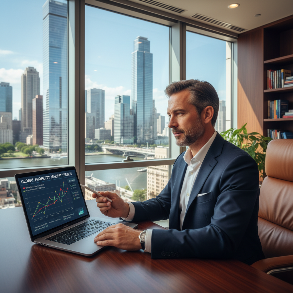 A professional expat investor looking confidently at a laptop screen displaying a graph of property market trends, with a cityscape visible through a large window in a modern, well-lit office. The scene exudes professionalism and strategic thinking.