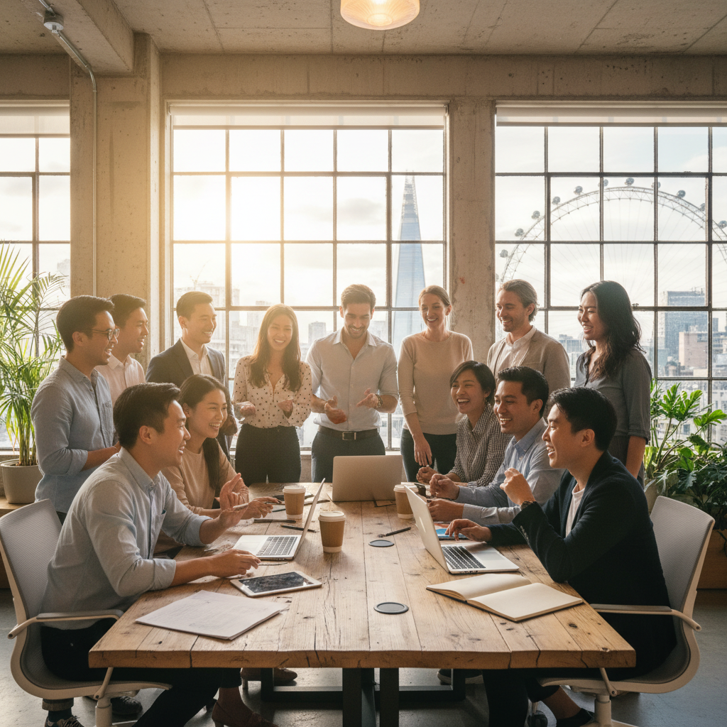A diverse group of international entrepreneurs smiling and collaborating in a modern, light-filled co-working space in London, with iconic city landmarks subtly visible in the background, conveying success and global connection.