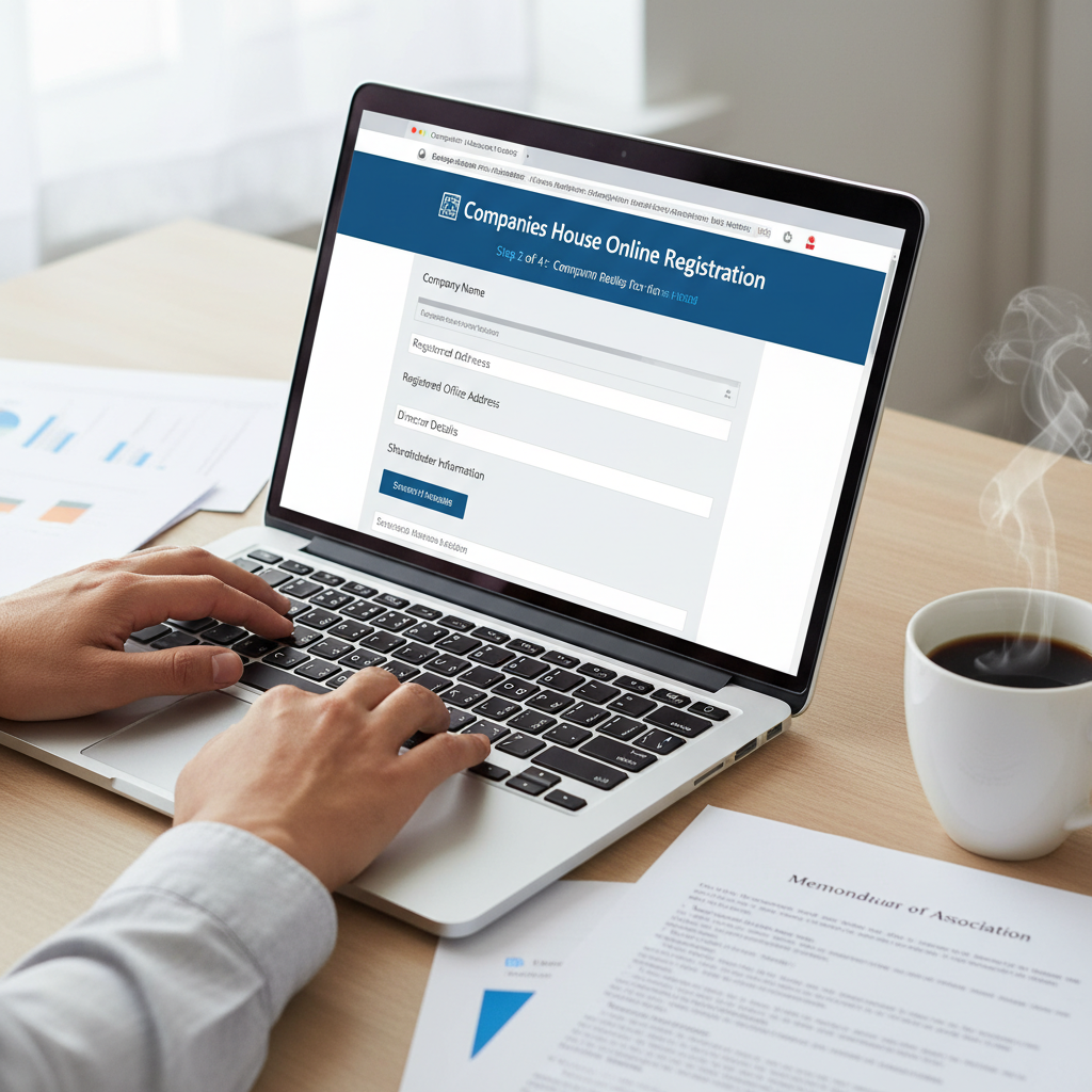 A close-up, modern, photorealistic image of a laptop screen displaying a Companies House online registration form, with a hand (belonging to a non-European person) typing on the keyboard, surrounded by documents and a cup of coffee, emphasizing ease and digital access.