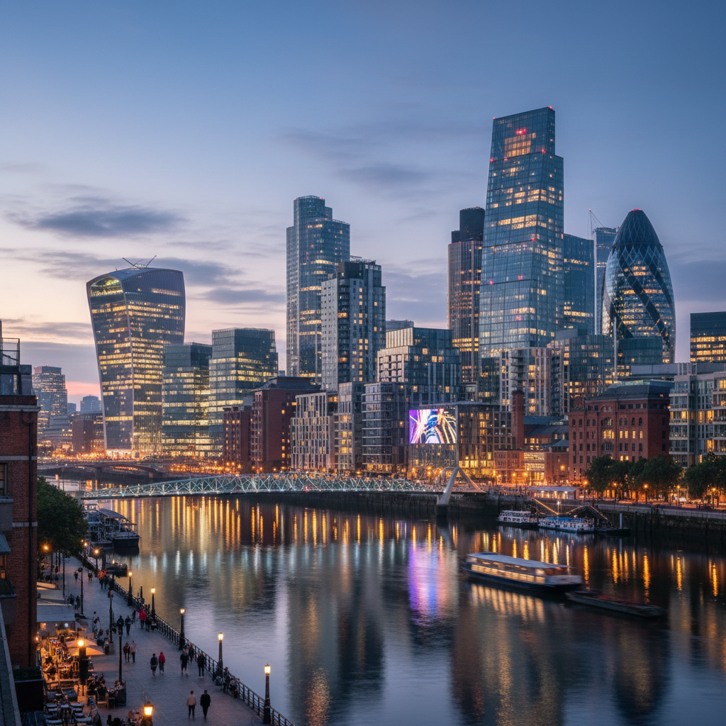 A diverse skyline of a major UK city like London or Manchester at dusk, with modern buildings and a clear reflection of city lights on a calm river, symbolizing investment and growth. Focus on architectural detail and a sense of prosperity. Photorealistic.