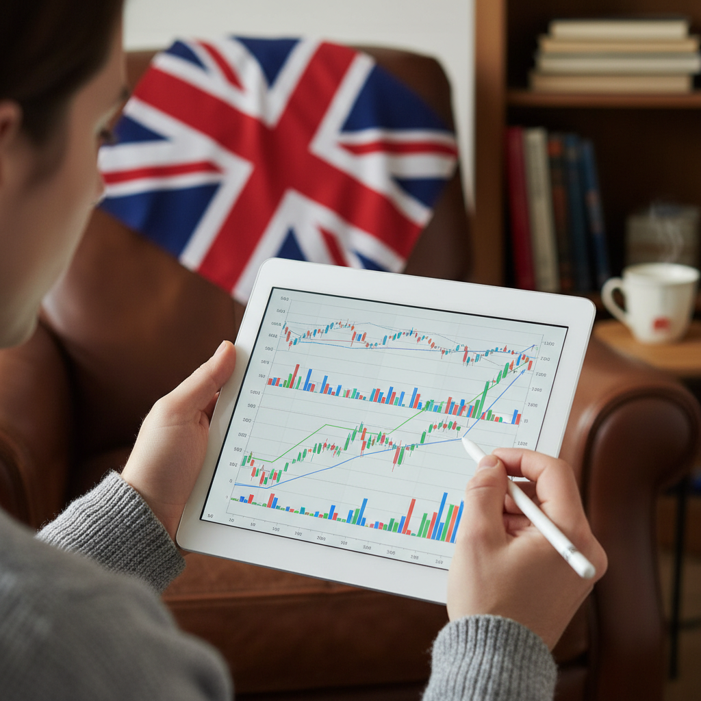 A close-up, photorealistic image of a person's hands holding a tablet displaying various financial charts and graphs, with a UK flag subtly visible in the background, representing thoughtful investment decisions. The setting is a comfortable home office.