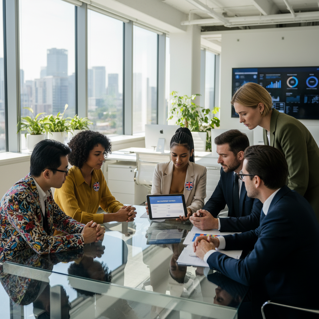 A diverse group of entrepreneurs, some appearing to be expats, discussing business plans with a UK government official in a modern, light-filled office. They are looking at a tablet displaying grant application forms. Photorealistic and professional setting.
