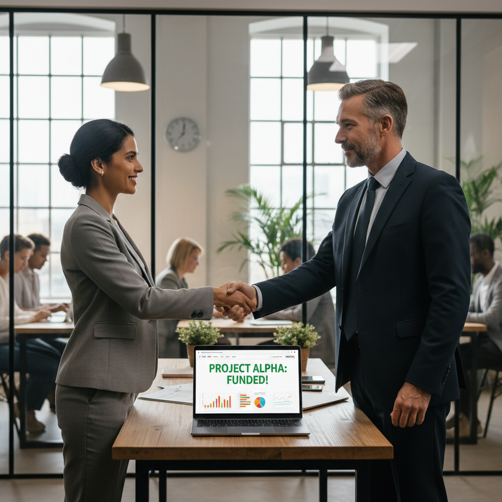 A confident expat entrepreneur woman shaking hands with an investor or grant provider in a stylish, modern co-working space, with a laptop showing a successful business plan. The scene is brightly lit and optimistic, reflecting achievement. Photorealistic with a focus on professional interaction.