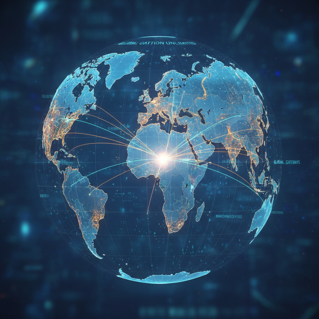 A stylized world map with glowing lines connecting different continents to the United Kingdom, symbolizing global business expansion and mobility. The map should have a digital, modern aesthetic, highlighting trade routes and business connections. Photorealistic, vibrant colors.