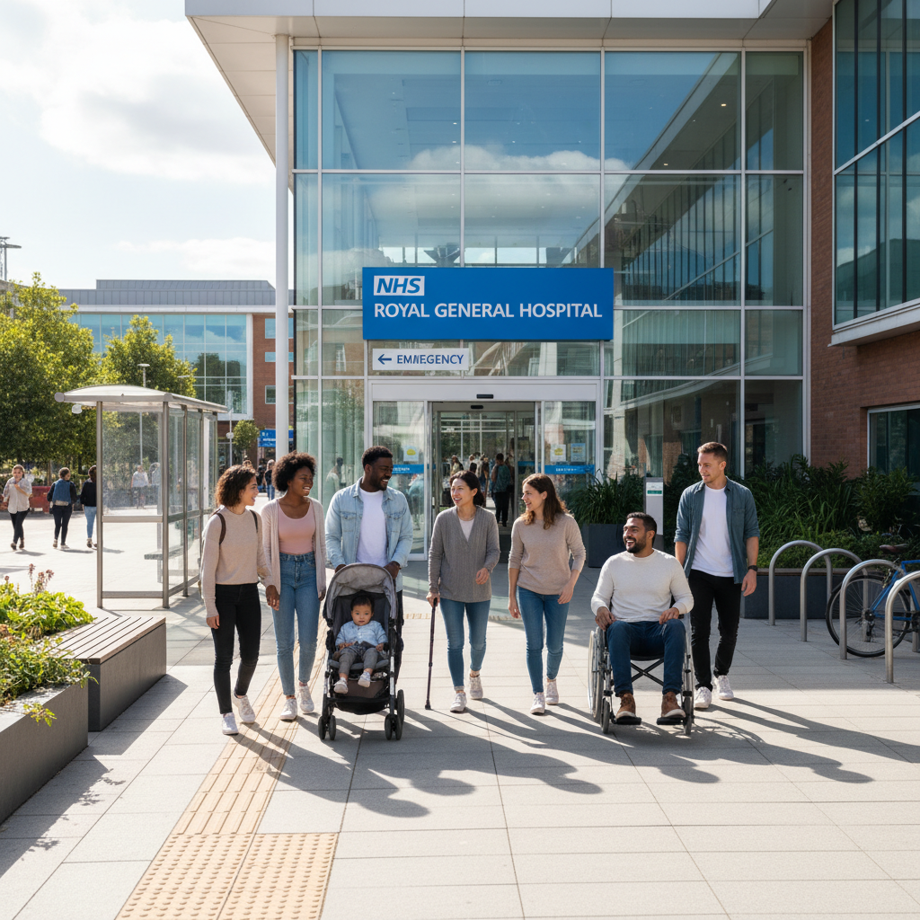 A diverse group of people, appearing happy and healthy, walking past a modern UK NHS hospital entrance on a sunny day. The hospital sign is clearly visible. The image should convey accessibility and community.
